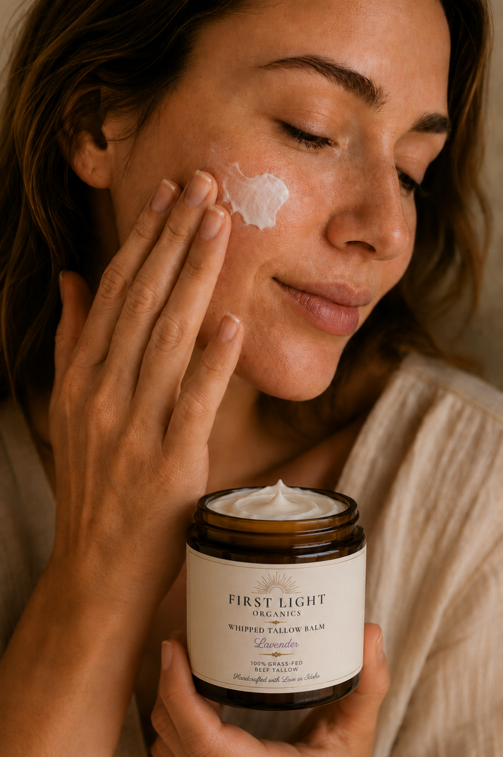 Woman applying First Light Organics whipped tallow balm to her face