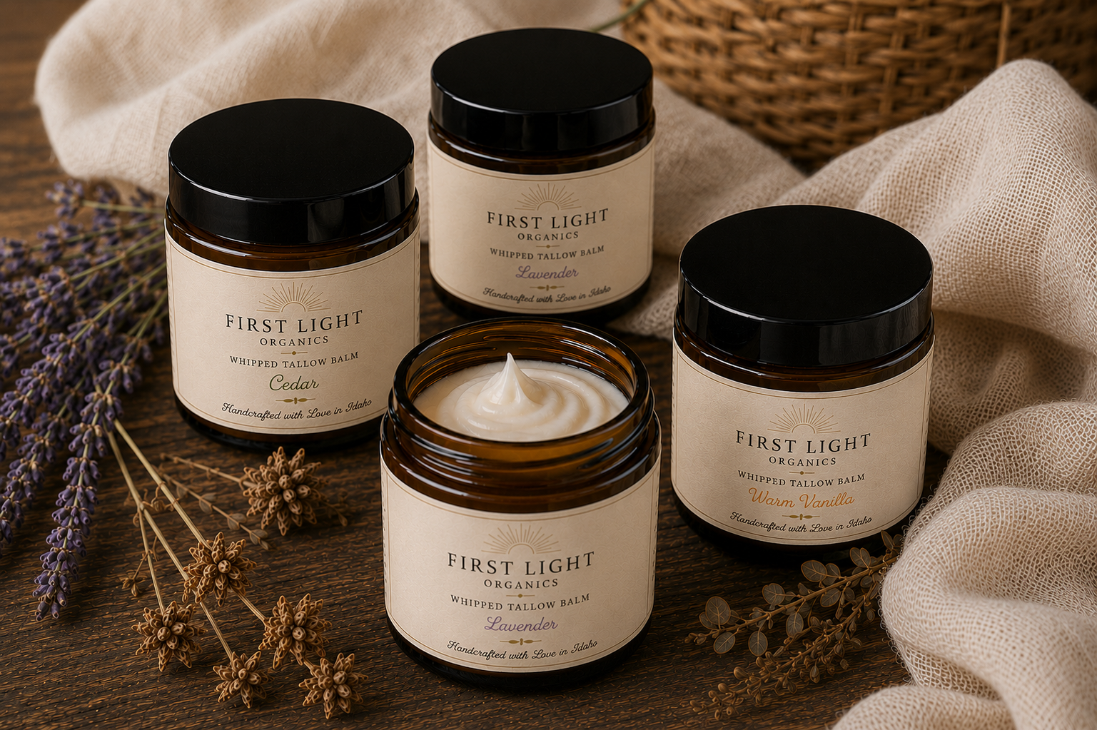 First Light Organics Whipped Tallow Balm collection